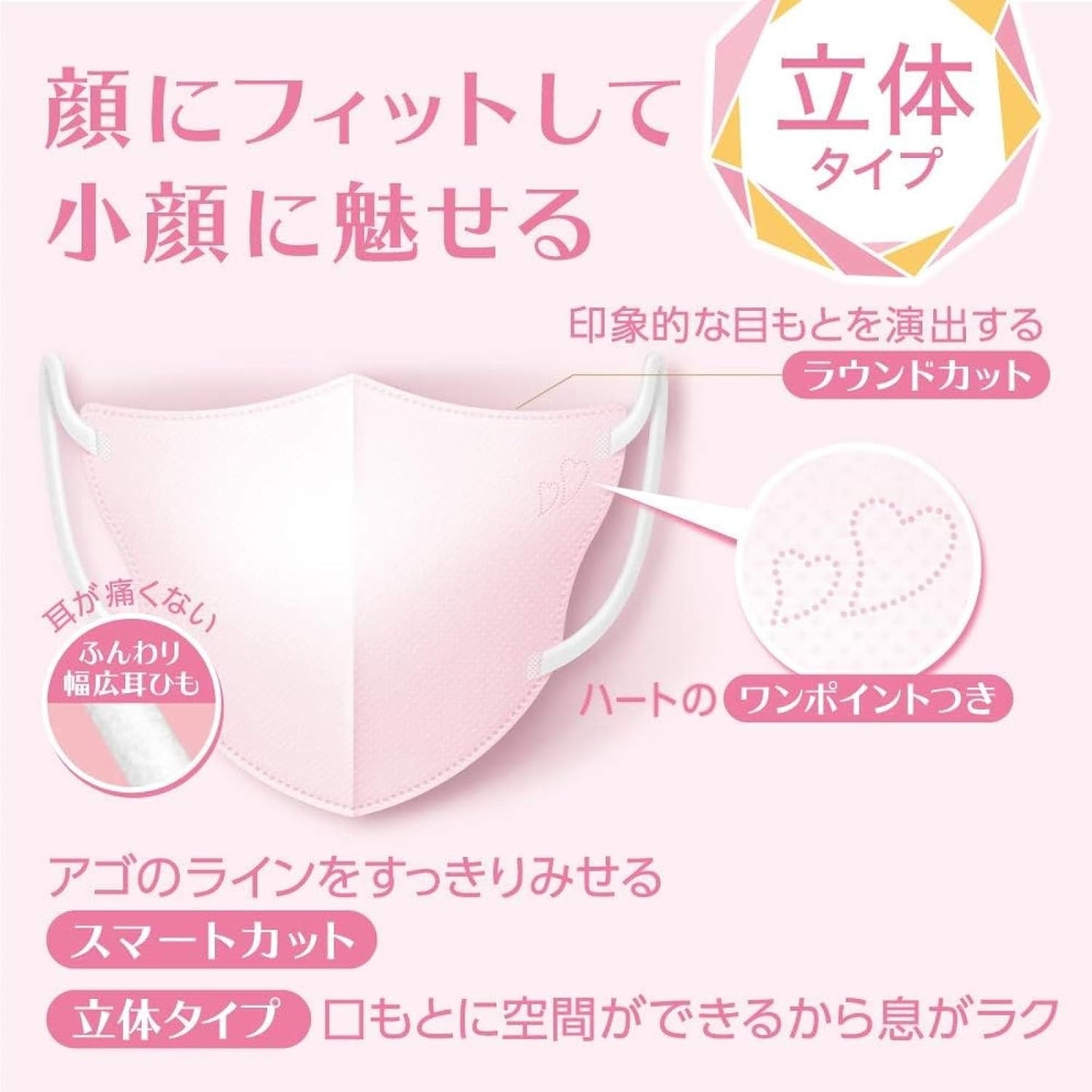 特惠裝! 白元 be-style 貼面立体口罩 Pink 5片 (粉色) (x10包) - Marche Tokyo facemask
