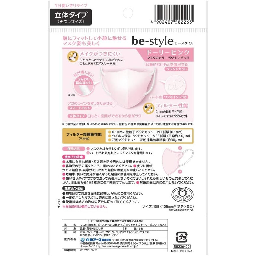 白元 be-style 貼面立体口罩 Premium Pink 5片 粉紅 x5 set