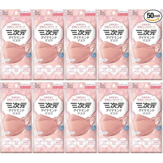 興和 三次元 日本製 立体荾角口罩 (粉色) (5片 x10包) - Marche Tokyo facemask