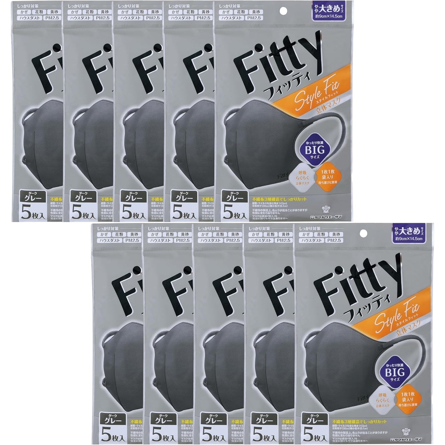 特惠裝! Fitty 舒適立体日本口罩 Dark Grey 5片 加大碼(L) (深灰色) (x10包)