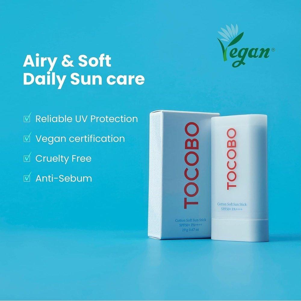 TOCOBO 棉質柔軟防曬棒 SPF50+ PA++++ 0.67 盎司 / 19 克 | 含有天然成分,防止皮脂,柔軟啞光觸感 | EWG 綠色 + 不含 PEG,韓國純素面部防曬棒