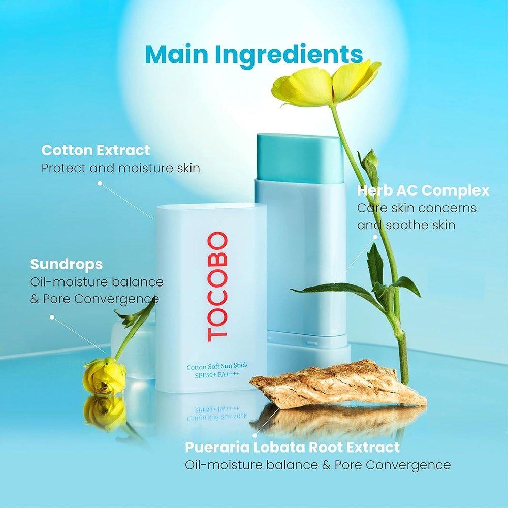 TOCOBO 棉質柔軟防曬棒 SPF50+ PA++++ 0.67 盎司 / 19 克 | 含有天然成分,防止皮脂,柔軟啞光觸感 | EWG 綠色 + 不含 PEG,韓國純素面部防曬棒