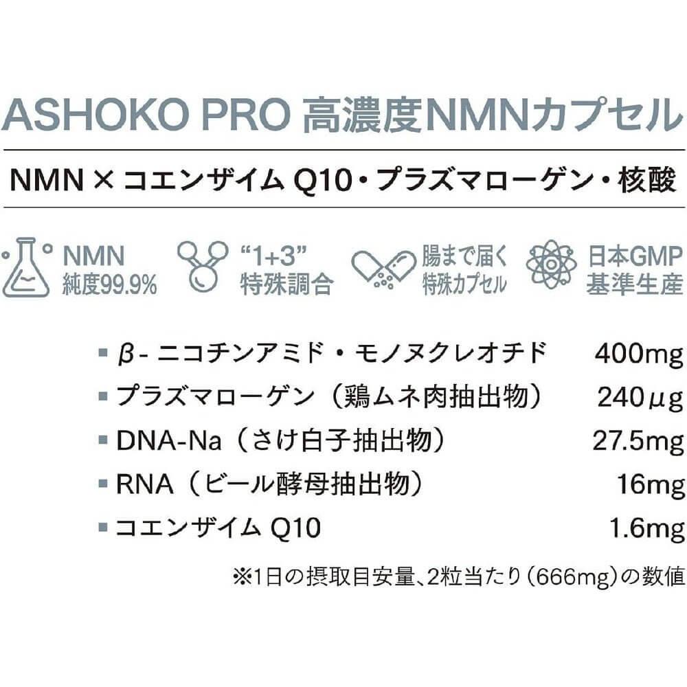 Ashoko Pro 高濃度 NMN 純度 99.9% 12,000mg（每片 200mg） 東京大學教授顧問 輔酶 Q10 縮醛磷脂核酸 採用直達腸道的耐酸膠囊 60 粒（30 天供應量）