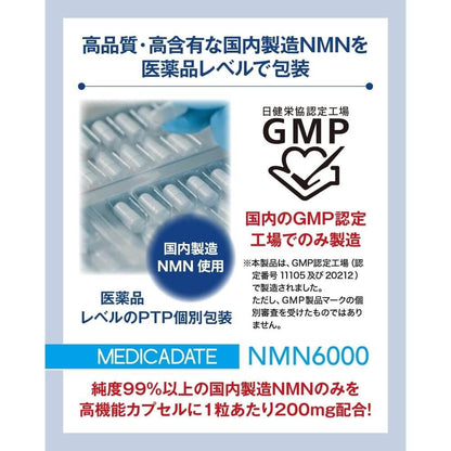 MEDICADATE 高配方 NMN 補充劑 日本製造 高純度 99% 以上 PTP 獨立包裝 30 天供應量 由國內 GMP 認證工廠生產