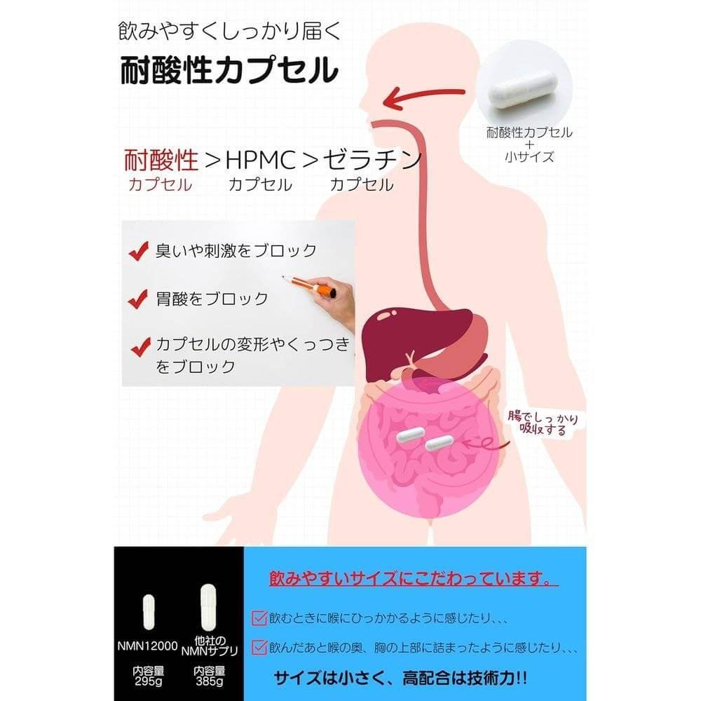 NMN 12000mg（2片400mg） 補充 日本製造 高純度 99.9% GMP認證工廠 白藜蘆醇 阿魏酸 耐酸膠囊 營養功能食品