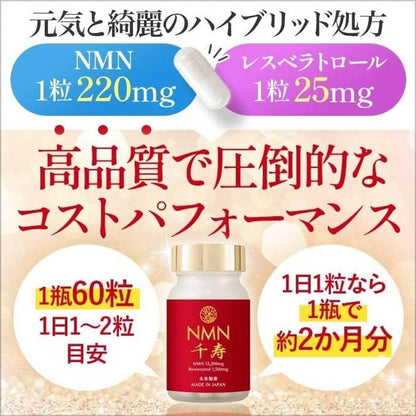 日本製造 NMN 補充劑 13,200mg（每片 220mg） 含白藜蘆醇 1,500mg（每片 25mg） 60 粒 30-60 天供應 高純度超過 99.9% 國產原料 NMN 國內 GMP 認證工廠 直達腸道的耐酸膠囊不直囊不含二氧化鈦