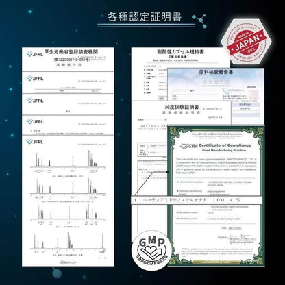 男士NMN補充劑18000mg 高純度99.99%以上 酵母發酵法 含有能量成分 國內GMP工廠製造 耐酸膠囊（植物萃取物） 高吸水性 日本製造