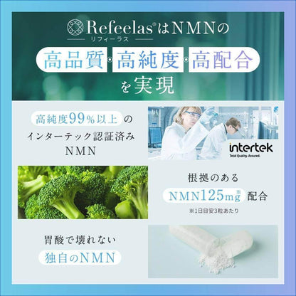 日本製造 NMN補充劑和日本第一個具有功能聲稱的食品 Refeelas 3750mg 90粒 供應約30天 GMP認證工廠 99%以上的高純度 直接攝入乳酸菌產生的物質 發酵大豆 好細菌 517種成分